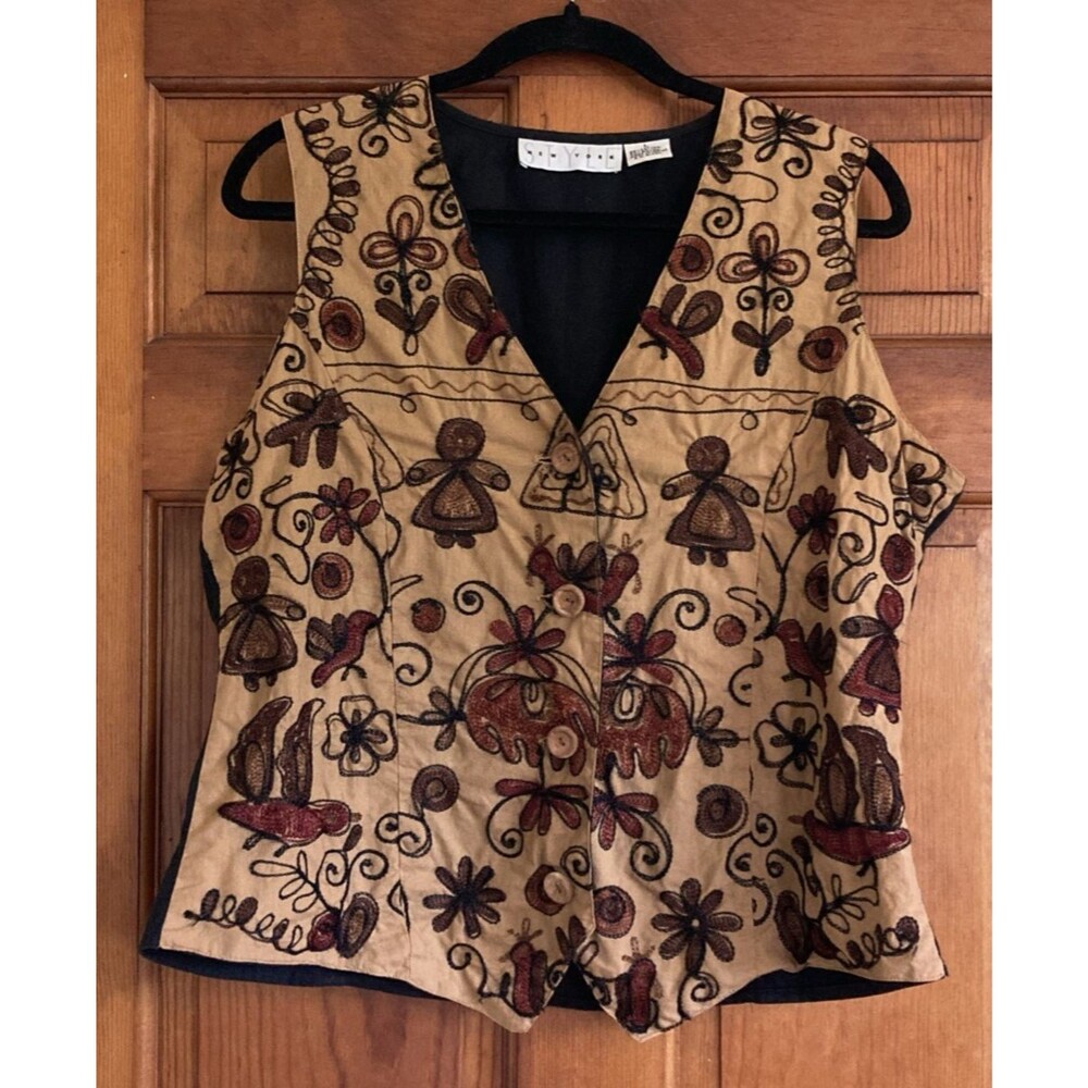 Vintage New York Style Womens L Embroidered Vest Waistcoat Teacher Folk Art Boho